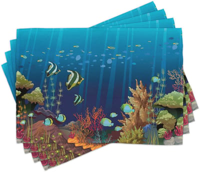 ABAKUHAUS Onder de zee – placematten met koraalrif, zeedieren, tropisch oceaanleven, exotische vissen en algen; tafeldecoratie van kleurvaste stof voor eetkamer en keuken, veelkleurig