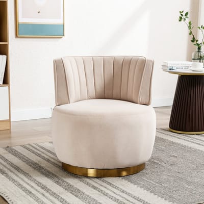 Moderne draaistoel (360 graden), ronde draaistoel, zachte fluwelen afwerking, comfortabele rugleuning, stabiele structuur, tonvormige stoel, geschikt voor woonkamer, slaapkamer, studeerkamer, beige