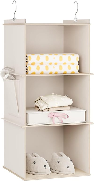 Hanging Storage met 3 Planken voor Kleding - Vouwbare Kledingorganizer met Zijvakken voor Efficiënte Opberging in de Kledingkast Beige