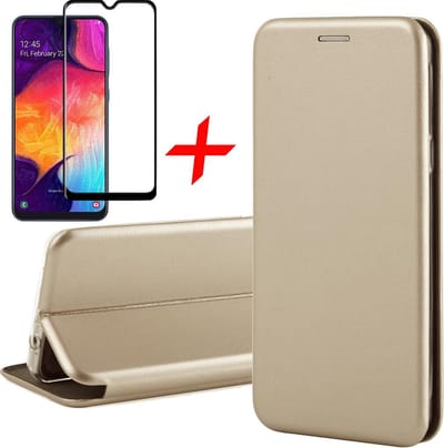 Hoesje geschikt voor Samsung Galaxy A50 - Screen Protector FullGuard - Book Case Kunstleer ThinShield Goud & Screenprotector