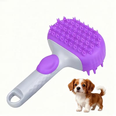 Daity 1 multifunctionele hondenborstel, hondenbadborstel, huisdierverzorgingsborstel, massagekam, diep reinigende siliconenborstelharen, antislip handvat (paars)