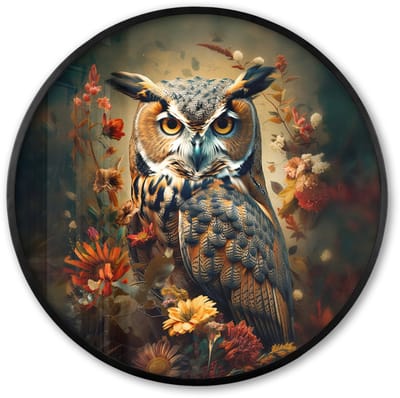 Poster in lijst Rond - Fotolijst 60x60 cm - Posters - Uil - Vogel - Bloemen - Planten - Botanisch - Ronde posterlijst zwart - Decoratie - Wanddecoratie woonkamer - Muurdecoratie slaapkamer