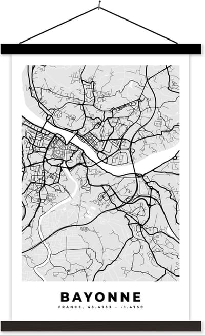 Posterhanger incl. Poster 40x60 cm - Schoolplaat - Kaart - Stadskaart - Bayonne - Plattegrond - Frankrijk - Textielposter - Zwarte latten - Stadskaart