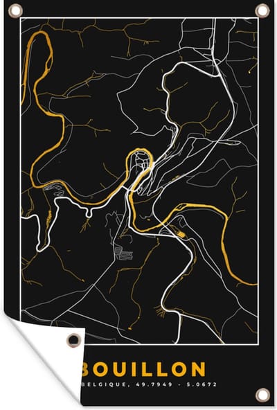 Muurdecoratie Bouillon - Black en gold - Stadskaart - Plattegrond - Kaart - 120x180 cm - Tuinposter - Tuindoek
