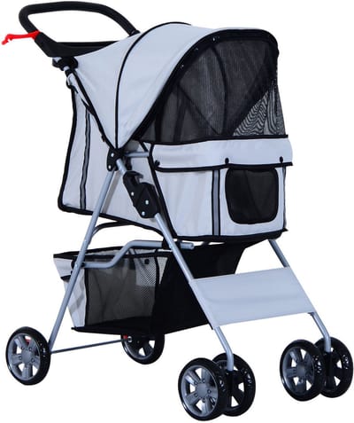 Hondenbuggy L99 x B45 x H86cm met zonnedak en opbergnet Grijs Hondenwandelwagen