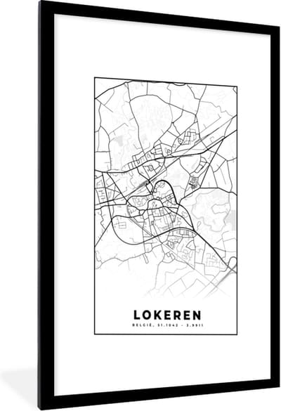 Fotolijst incl. Poster Zwart Wit- België – Lokeren – Stadskaart – Kaart – Zwart Wit – Plattegrond - 60x90 cm - Posterlijst
