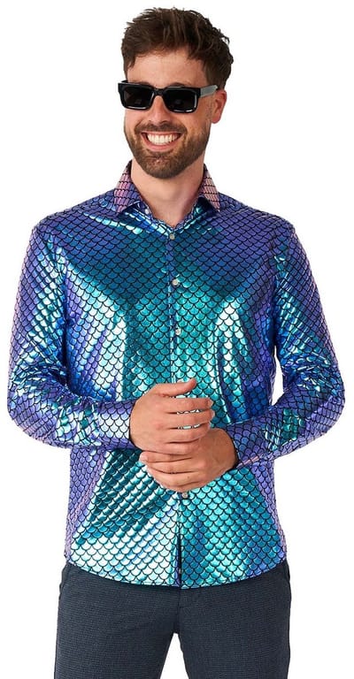 OppoSuits Shirt - Fancy Fish - Heren Overhemd - Carnavalskleding - Glimmend Shirt - Feest Shirt - Kerst - Blauw - Maat: XS