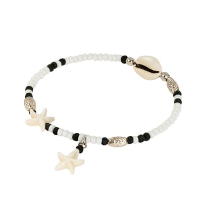Zwart wit enkelbandje voor dames met zeester en schelp bedels – kralen enkelketting – zomerse strand sieraden