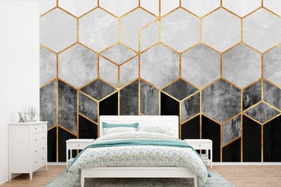 Behang - Fotobehang Goud - Hexagon - Chic - Patronen - Luxe - Breedte 330 cm x hoogte 220 cm