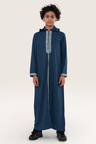 Kinderen jongens blauwe Eid Marokkaanse Thobe gewaad Djellaba Ramadan Jubba LFS-K-HM3 met capuchon