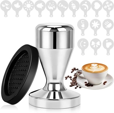 Koffietamper 51 mm van roestvrijstaal met 16 latte-kunstvormen en tampermat voor perfecte espresso, barista-gereedschap voor thuis en op kantoor, ideaal voor koffieliefhebbers