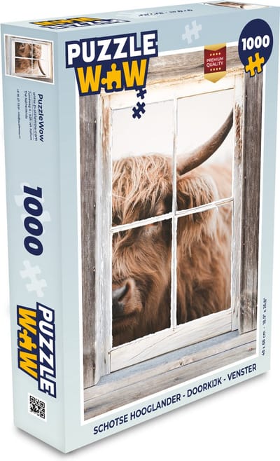 Puzzel Schotse hooglander - Doorkijk - Venster - Legpuzzel - Puzzel 1000 stukjes volwassenen