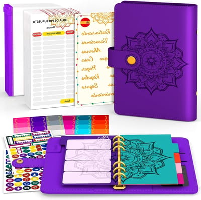 Budgetplanner A6 met Spaanse designs - Financiële planner en geldbeheer met stickers (paars) voor optimale budgettering