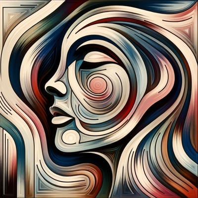 Abstract vrouw schilderij | Mystieke vrouwelijke creativiteit onthuld in abstracte kunstvorm | Kunst - 80x80 centimeter op Dibond | Foto op Dibond
