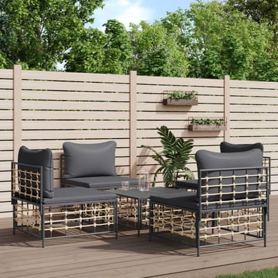 vidaXL - 5-delige - Loungeset - met - kussens - poly - rattan - antracietkleurig