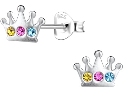 Joy|S - Zilveren kroontje oorbellen - zilver met roze turquoise en geel kristal - 8 x 6 mm - kroon oorknoppen voor kinderen