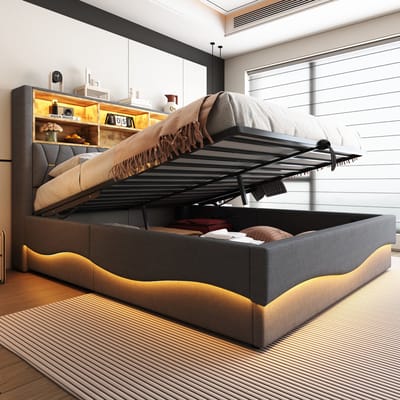 Wishdor Opbergbed 180x200 cm – Intelligente LED met App & USB – Hydraulische Lift & Metalen Lattenbodem – Linnen Grijs – Intelligent Opbergbed met App