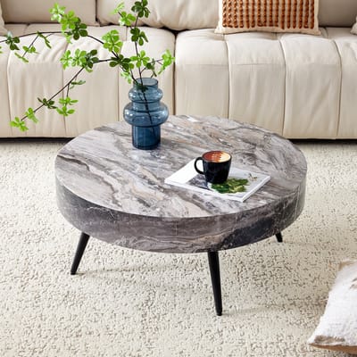 DESMIU Salontafel - Ronde Marmorlook Bijzettafel Met Stabiel Metalen Onderstel - Voor Woonkamer En Kleine Ruimtes - MDF En Metaal - 70 Cm - Grijs En Zwart