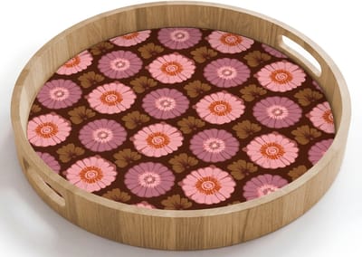 Dienblad rond 40x40 cm - Schootdienblad hout - Retro - Madelief - Roze - Borrelplank rechthoek - Plateau houten dienbladen