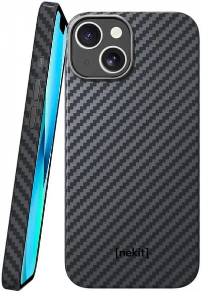 NEKIT Fiber Hoesje Geschikt voor Apple iPhone 13 - Compatibel met MagSafe - High-tech Kevlar Aramidevezels 1500D - Back Cover Ultra Dun - Grijs/Zwart