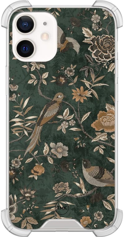 Shockproof hoesje geschikt voor Apple iPhone 12 mini - Khaki golden flowers - Schokbestendig - Verhoogde randen - TPU case - Extra Sterke Back Cover - Bloemen - Transparant, Groen