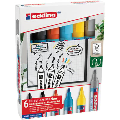 edding 385 markeerstiften en flipchart marker set - highlighter met flexibele punt + flipchart stiften – 6 stiften - zwart, geel, grijs, blauw, oranje - navulbaar - in handig bewaardoosje