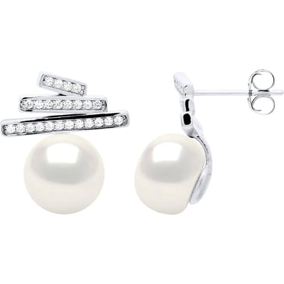 Oorbellen Strips met Cubic Zirconia - Echte Gecultiveerde Zoetwaterparel Knop 9-10 mm