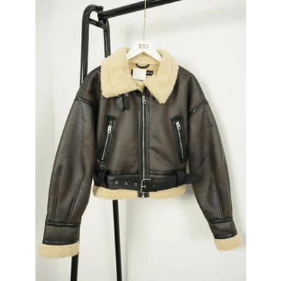 Winter Dames Streetwear Schapenvacht Bont Bomberjack met Riem Motorjas Dik Warm Schapenvacht Overjas S bruin