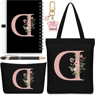 5-delige Letter Gift Set met Tote Bag, Make-up Tas, Sleutelhanger, Notitieboek en Pen - Perfect voor Vrouwen, Verjaardag en Kerst (Zwart, Letter D)