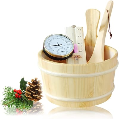 Sauna emmer, 4L 5-delige sauna complete set sauna emmer met scheplepel van hoogwaardig Fins grenenhout sauna accessoires sauna emmer opgietemmer (sauna emmer + scheplepel + thermometer hygrometer +