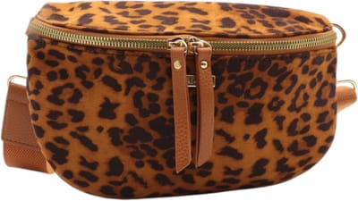 Trendy handtas / crossbodytas - Flora & Co - animalprint - suedelook - camel