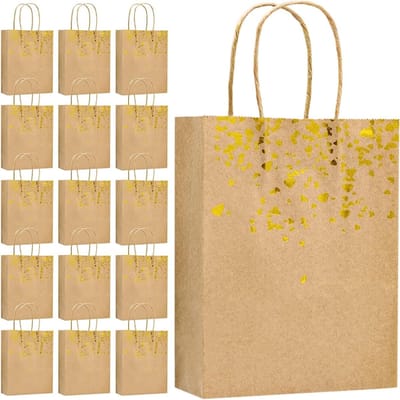 Cadeautasjes kraftpapier 15 stuks - 21 x 15 x 8 cm - bruin met gouden hart - perfect voor verjaardagen en feestdagen - SnelShoppen