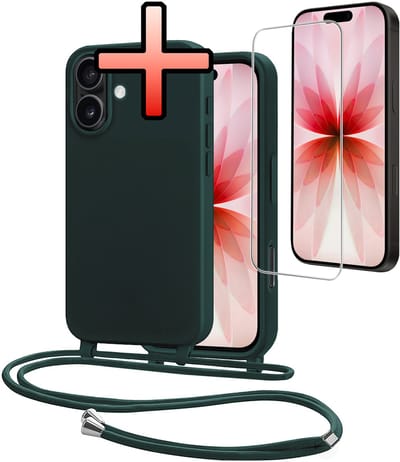 Hoes Geschikt voor iPhone 17 Met Telefoonkoord Met Screenprotector - Siliconen Hoesje Backcover Met Ketting - Donkergroen