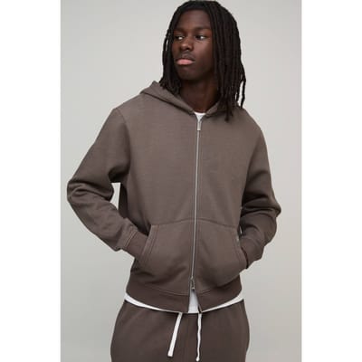 Essential Washed Boxy Zip Through Hoodie | Chocolate | Size Medium