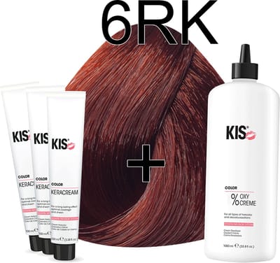 Kis KeraCream Color - 100ml - Haarverf Set - 6RK Donker rood koper blond | KIS - (3 x haarverf & 1L waterstofperoxide)