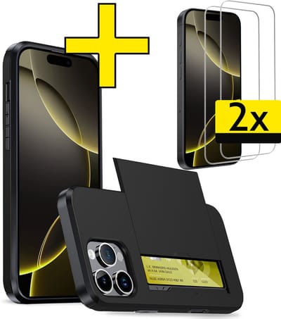 Hoesje Geschikt voor iPhone 16 Pro Hoesje Case Pashouder Hard Cover Met 2x Screenprotector - Hoes Geschikt voor iPhone 16 Pro Hoesje Met Kaarthouder - Zwart