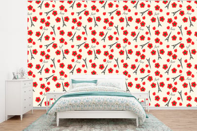 Behang - Fotobehang Patronen - Parijs - Eiffeltoren - Bloemen - Breedte 320 cm x hoogte 240 cm