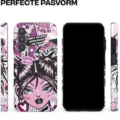 Casetastic hoesje geschikt voor Samsung Galaxy S25 - Dubbellaagse bescherming - Roze Y2K Pop Teen Girly Cash Diva Collage - Fashion Case - Grijs Donkergrijs Wit Lichtroze
