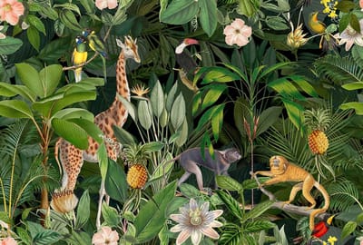 Fotobehang NostalgicAnimals2 DD119733 A.S. Création ARTist Kleurrijk Groen Vlies 270 x 400 cm (4 delen) 3D Fotobehang