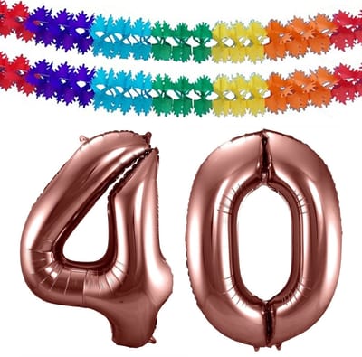 Folat Verjaardag Leeftijd folieballon - 40 jaar - rosé goud - 86 cm - cijferballon groot - incl 2x feestslingers