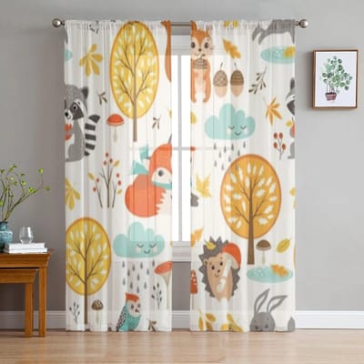 Herfst Bosdieren Transparante Gordijnen Voor Woonkamer Slaapkamer Keuken Tule Gordijn Huis Decoratieve Transparante Panelen 135W x 114H(cm) white