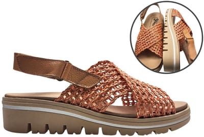 Stravers - Sandalen Gevlochten Leer Oranje Maat 42 Dames Uitneembaar Voetbed Grote Maten Leren Sandalen