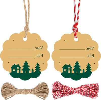 6 cm Kersthangtags met Koord voor Cadeaus - 100 Stuks Decoratieve Labels voor Feestdagen, Cadeauverpakking en Kerstdecoratie in Bruin en Groen