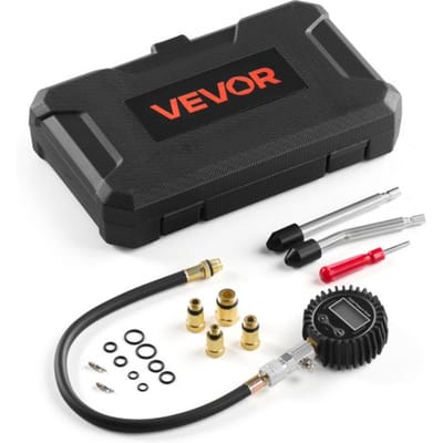 VEVOR drukverliesmeter voor motorcilinders, manometerbereik 10-200 psi, cilinderdrukmeter met 4 adapters, gebogen verlengbuizen van metaal en draagtas, compressietestset voor auto's