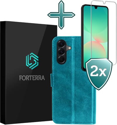 Hoesje Met 2x Screenprotector - Geschikt voor Samsung Galaxy A26 - Luxe Pasjeshouder - Flip Case - Bookcase Portemonee - Kunstleer Book Case - Flipcase Hoes - Book Cover - Walletcase - Portemonneehoes - Turquoise