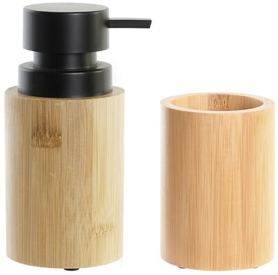 Items badkamer accessoires set - drinkbeker - zeeppompje 16 cm - bamboe hout