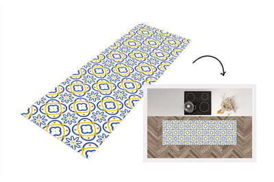 Keukenloper - Loper keuken - Bloem - Blauw - Geel - Tegels - Patronen - 150x50 cm - Keukenloper vinyl