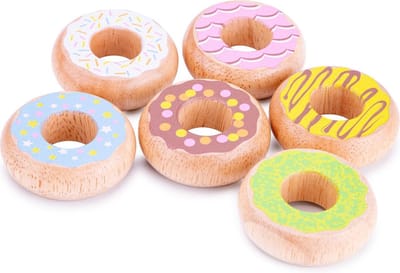 Woet® Houten Speelgoed Donut Set - 6 Kleurrijke Donuts van Beukenhout - Speelgoedeten voor Kinderen - Rollenspel Keukenspeelgoed - Vanaf 2 Jaar
