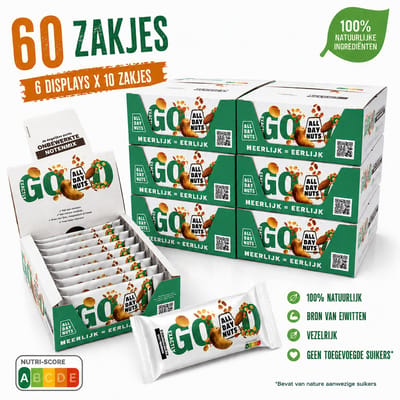 All Day Nuts – 6 Displays x 10 Noten Snack Zakjes 25g (60 zakjes totaal) – Cashewnotenmix – Perfecte Dagelijkse Portie (Exactly Good) – Gezonde Snack voor Werk, School & Sport (EG 25 10 (display) 6x)