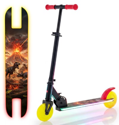LUMI RIDE Kinderstep 2 wielen, Scooter voor kinderen vanaf 5 jaar, LED - 7 kleuren, 20 programma’s - 3 niveaus stuurverstelling, voetrem, afneembare handvatten (Zwart met dinosaurussen)